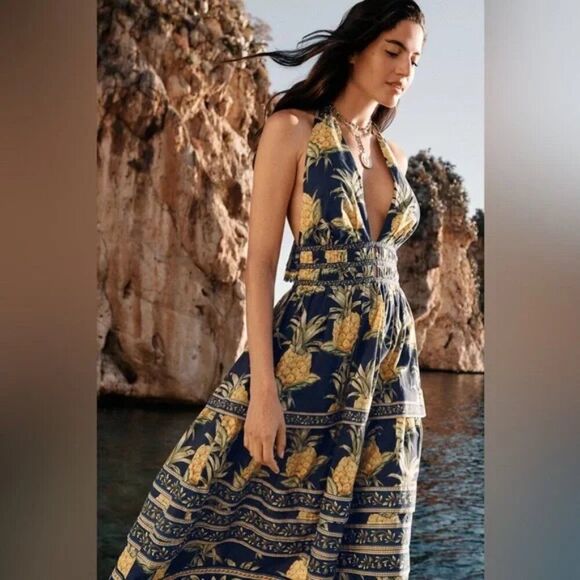 Anthropologie Farm Rio Pineapple A-Line Sleeveless Halter Midi Dress - Picture 1 of 6